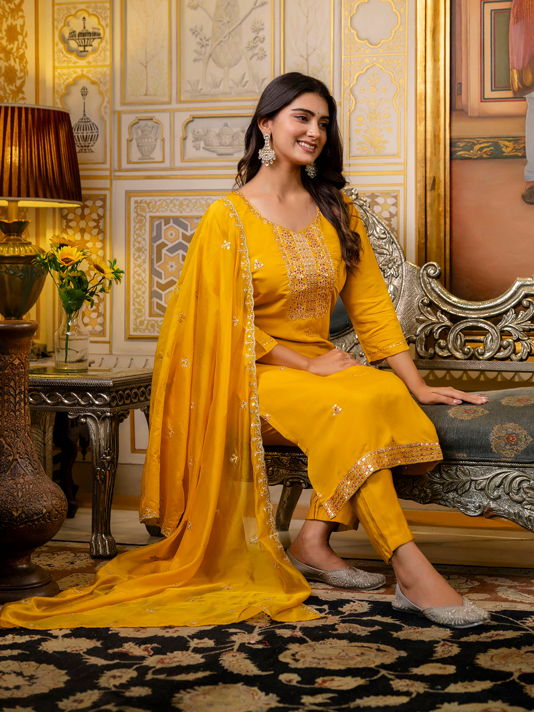 Women's Embroidered Silk Blend Calf Length Straight Kurta with Palazzo & Dupatta Set - FitVibe Fashion