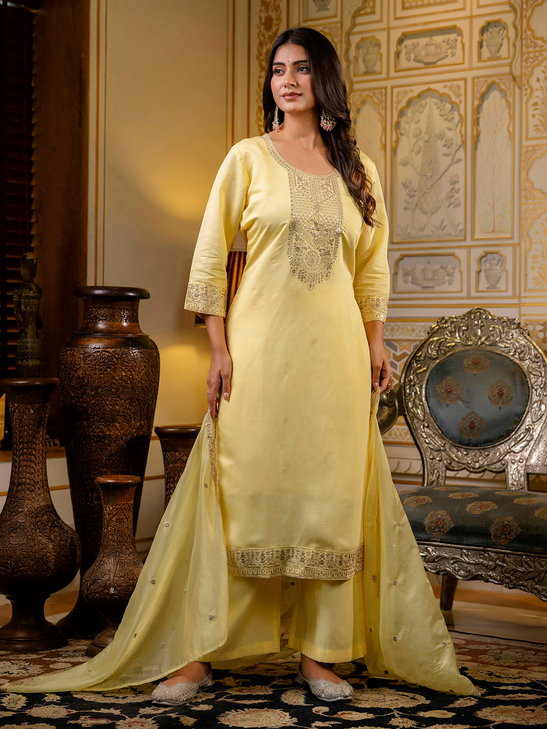 Women's Embroidered Silk Blend Calf Length Straight Kurta with Palazzo & Dupatta Set - FitVibe Fashion