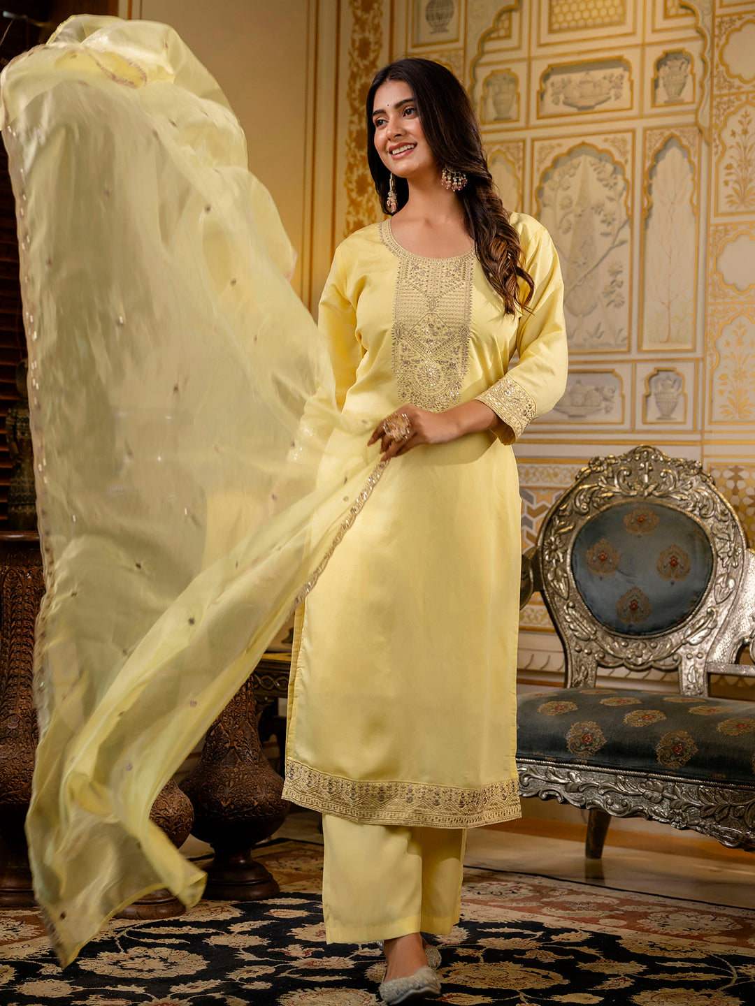 Women's Embroidered Silk Blend Calf Length Straight Kurta with Palazzo & Dupatta Set - FitVibe Fashion