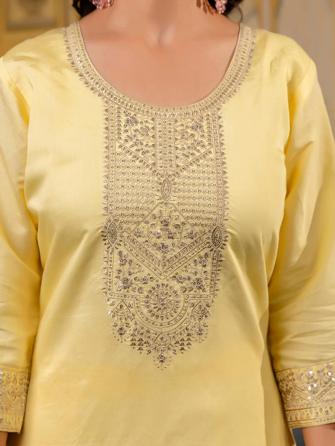 Women's Embroidered Silk Blend Calf Length Straight Kurta with Palazzo & Dupatta Set - FitVibe Fashion