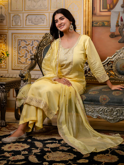 Women's Embroidered Silk Blend Calf Length Straight Kurta with Palazzo & Dupatta Set - FitVibe Fashion