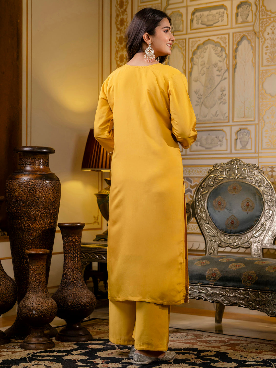 Women's Embroidered Silk Blend Calf Length Straight Kurta with Palazzo & Dupatta Set - FitVibe Fashion