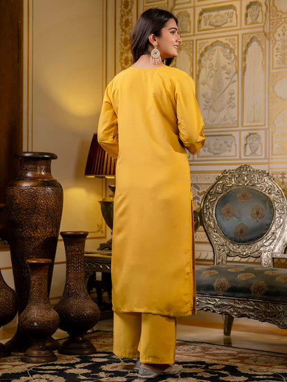 Women's Embroidered Silk Blend Calf Length Straight Kurta with Palazzo & Dupatta Set - FitVibe Fashion