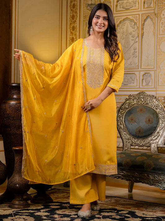 Women's Embroidered Silk Blend Calf Length Straight Kurta with Palazzo & Dupatta Set - FitVibe Fashion