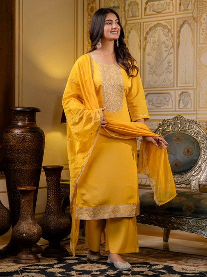 Women's Embroidered Silk Blend Calf Length Straight Kurta with Palazzo & Dupatta Set - FitVibe Fashion