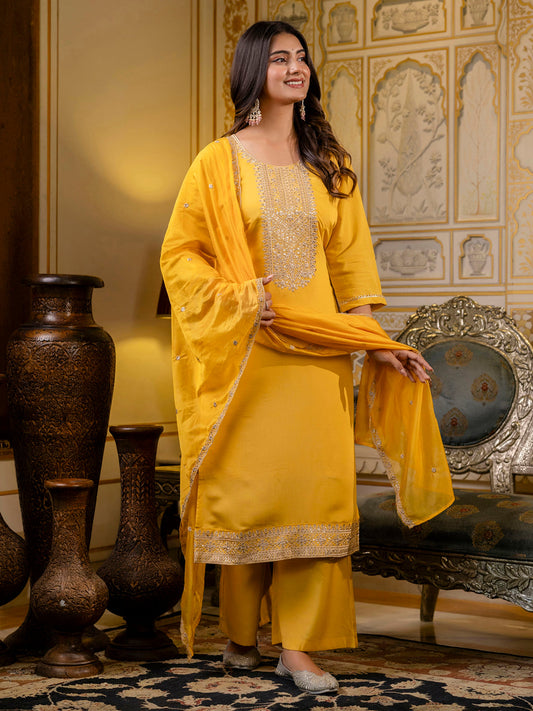 Women's Embroidered Silk Blend Calf Length Straight Kurta with Palazzo & Dupatta Set - FitVibe Fashion