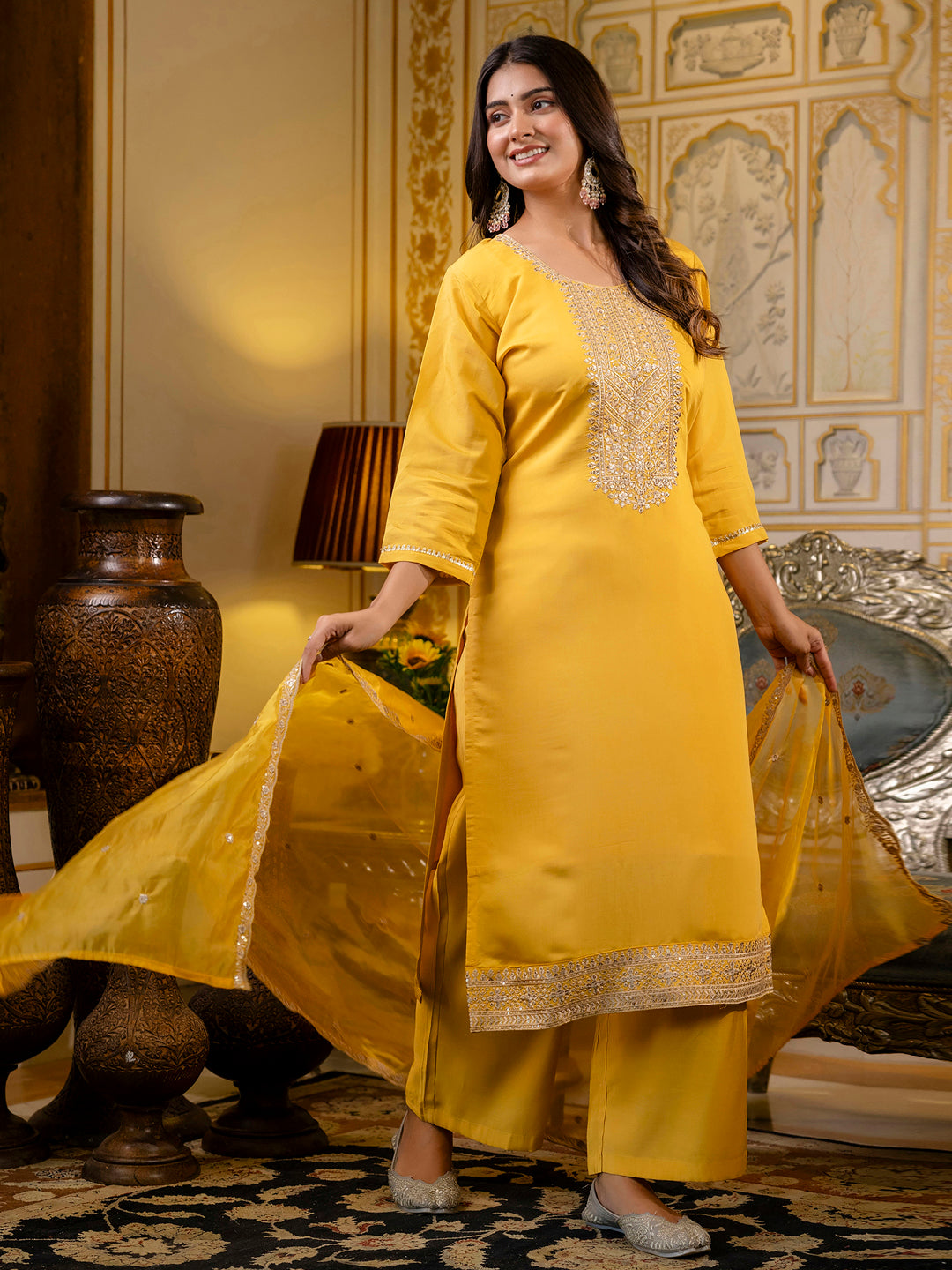 Women's Embroidered Silk Blend Calf Length Straight Kurta with Palazzo & Dupatta Set - FitVibe Fashion