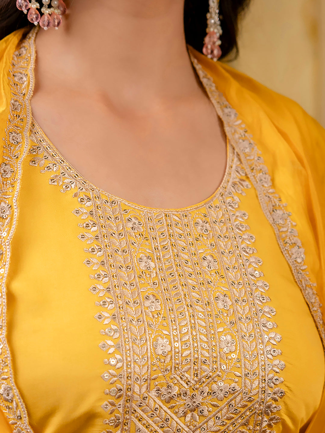 Women's Embroidered Silk Blend Calf Length Straight Kurta with Palazzo & Dupatta Set - FitVibe Fashion