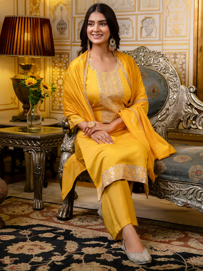 Women's Embroidered Silk Blend Calf Length Straight Kurta with Palazzo & Dupatta Set - FitVibe Fashion