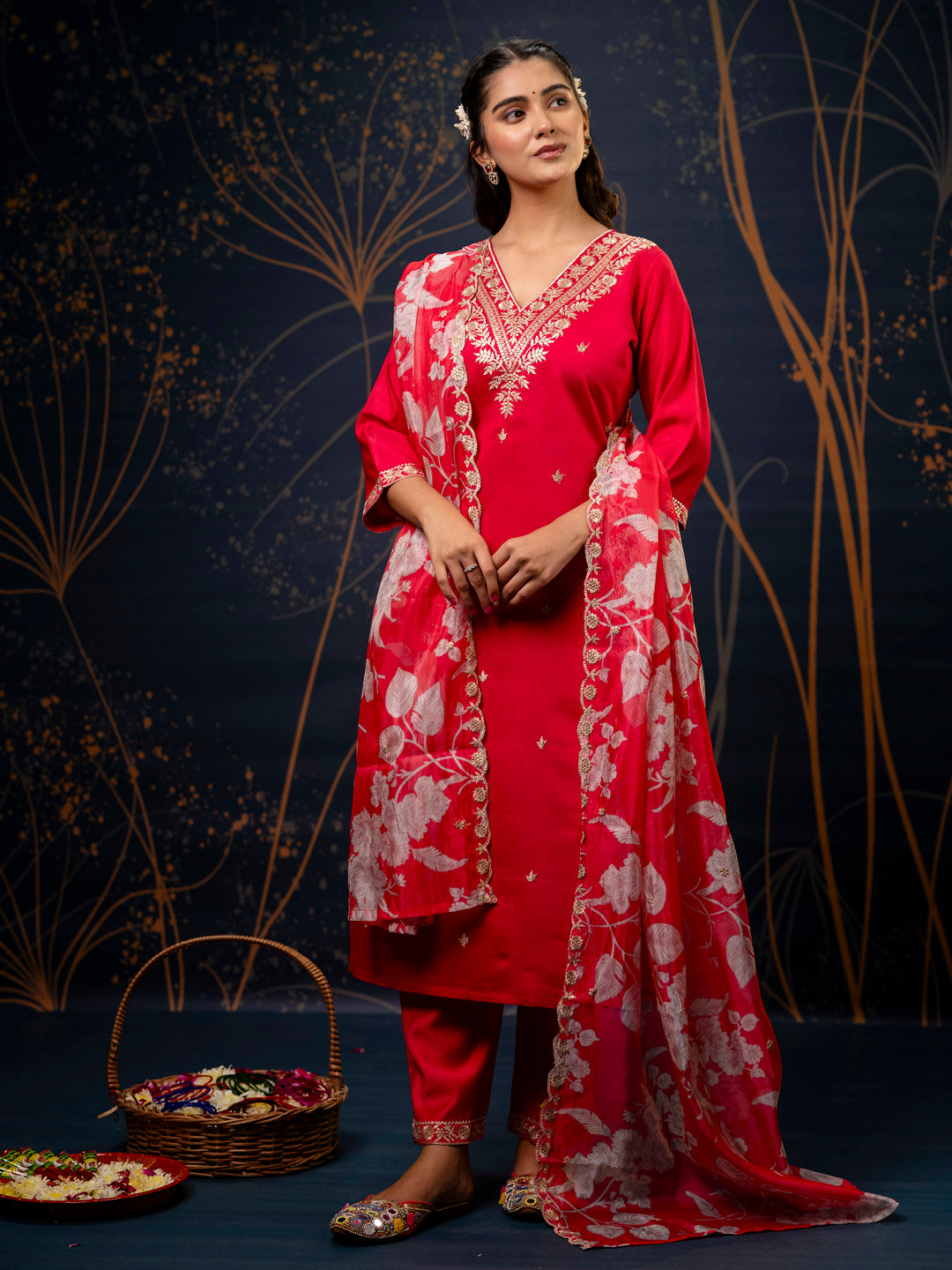 Pink Embroidered Silk Blend Straight Suit With Dupatta - FitVibe Fashion