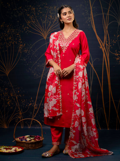 Pink Embroidered Silk Blend Straight Suit With Dupatta - FitVibe Fashion