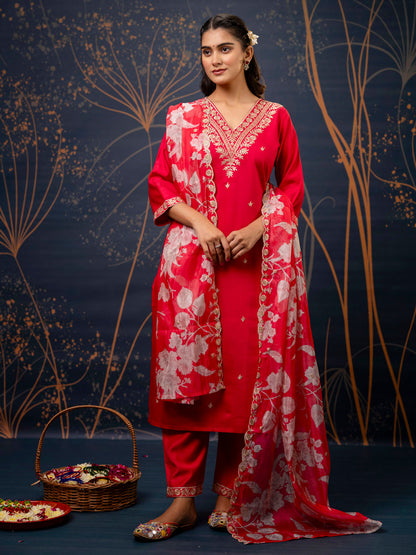 Pink Embroidered Silk Blend Straight Suit With Dupatta - FitVibe Fashion