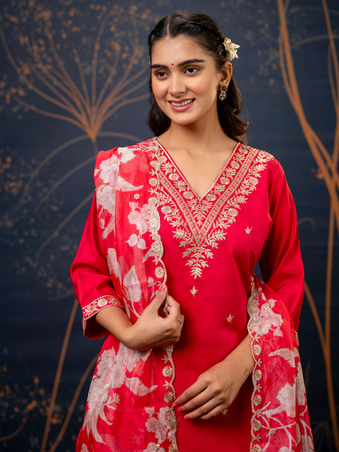 Pink Embroidered Silk Blend Straight Suit With Dupatta - FitVibe Fashion