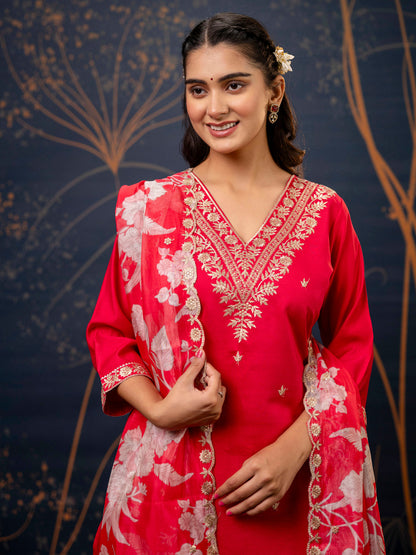 Pink Embroidered Silk Blend Straight Suit With Dupatta - FitVibe Fashion