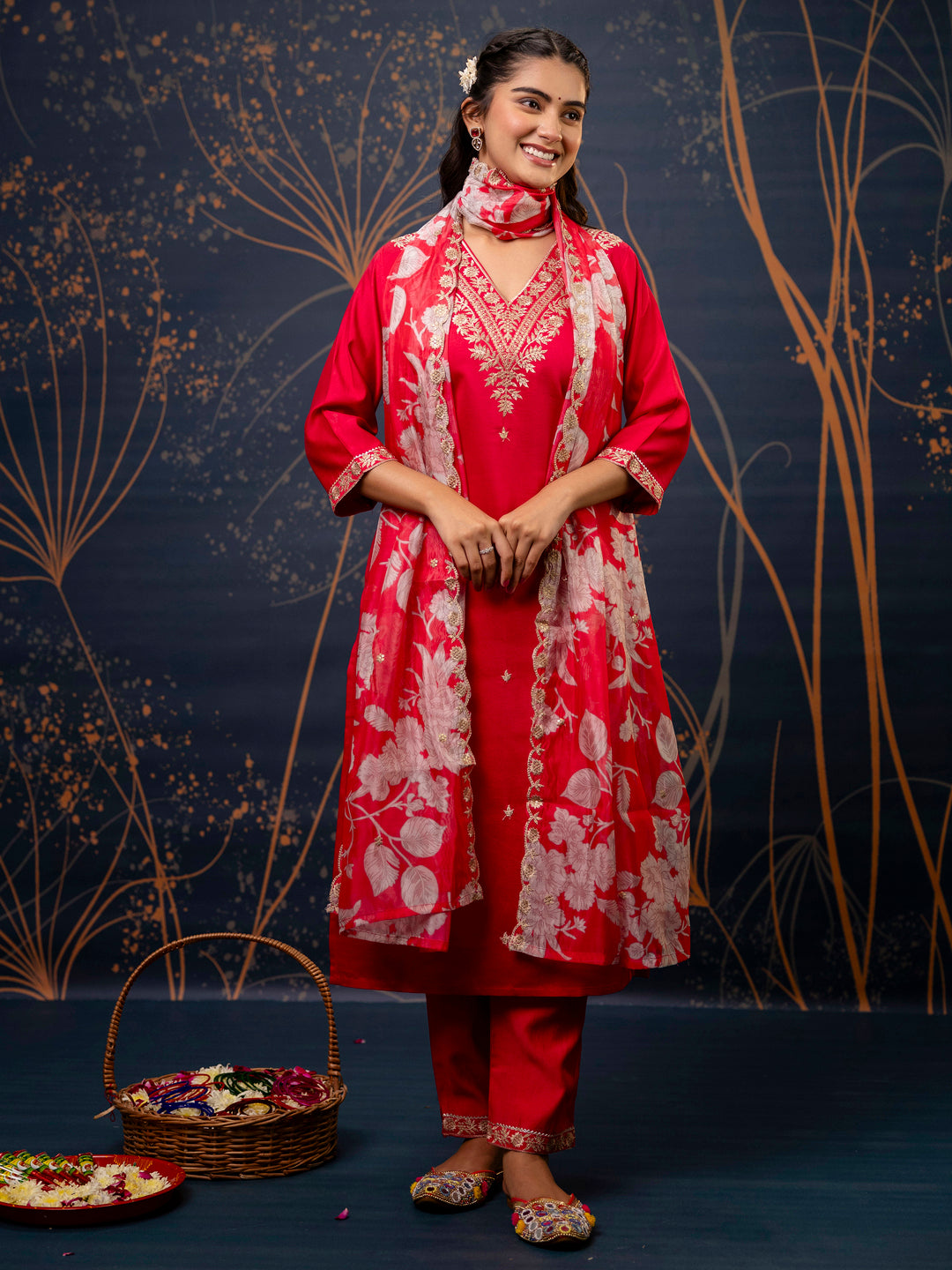 Pink Embroidered Silk Blend Straight Suit With Dupatta - FitVibe Fashion