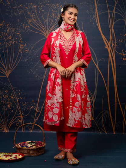 Pink Embroidered Silk Blend Straight Suit With Dupatta - FitVibe Fashion