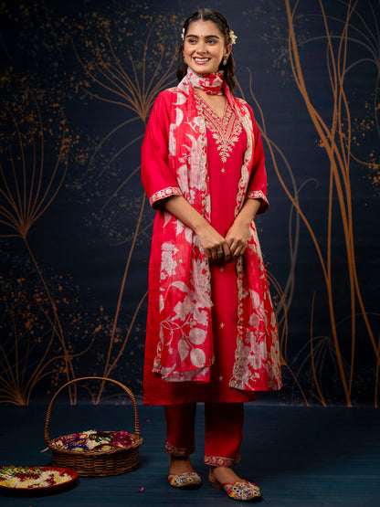 Pink Embroidered Silk Blend Straight Suit With Dupatta - FitVibe Fashion