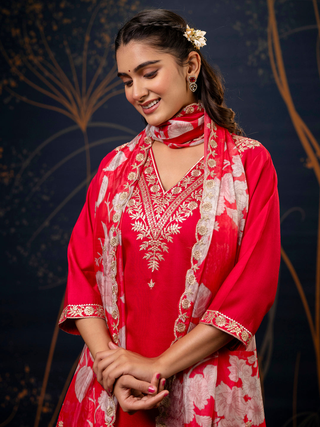 Pink Embroidered Silk Blend Straight Suit With Dupatta - FitVibe Fashion
