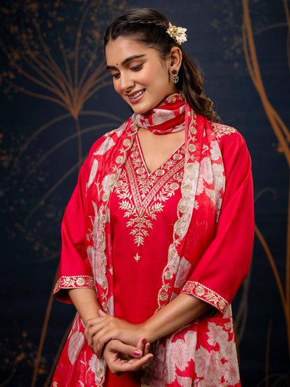 Pink Embroidered Silk Blend Straight Suit With Dupatta - FitVibe Fashion