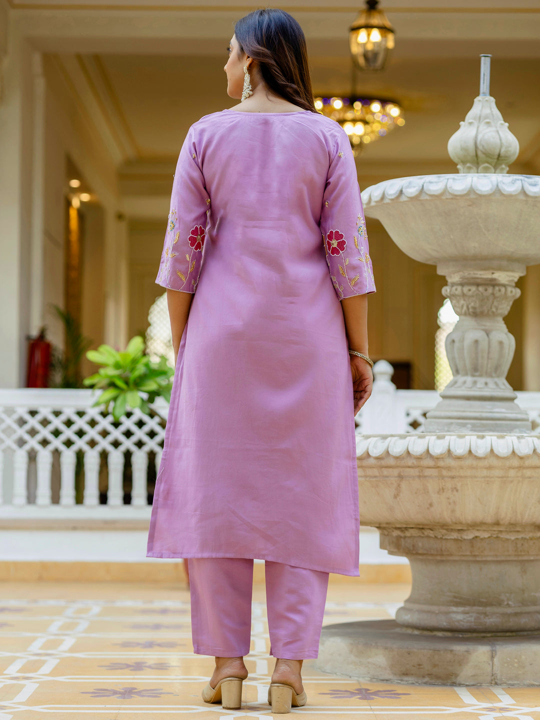 Nyra Lavender floral Placement Print Viscose Silk Suit Set with Sequence and Hand work - FitVibe Fashion