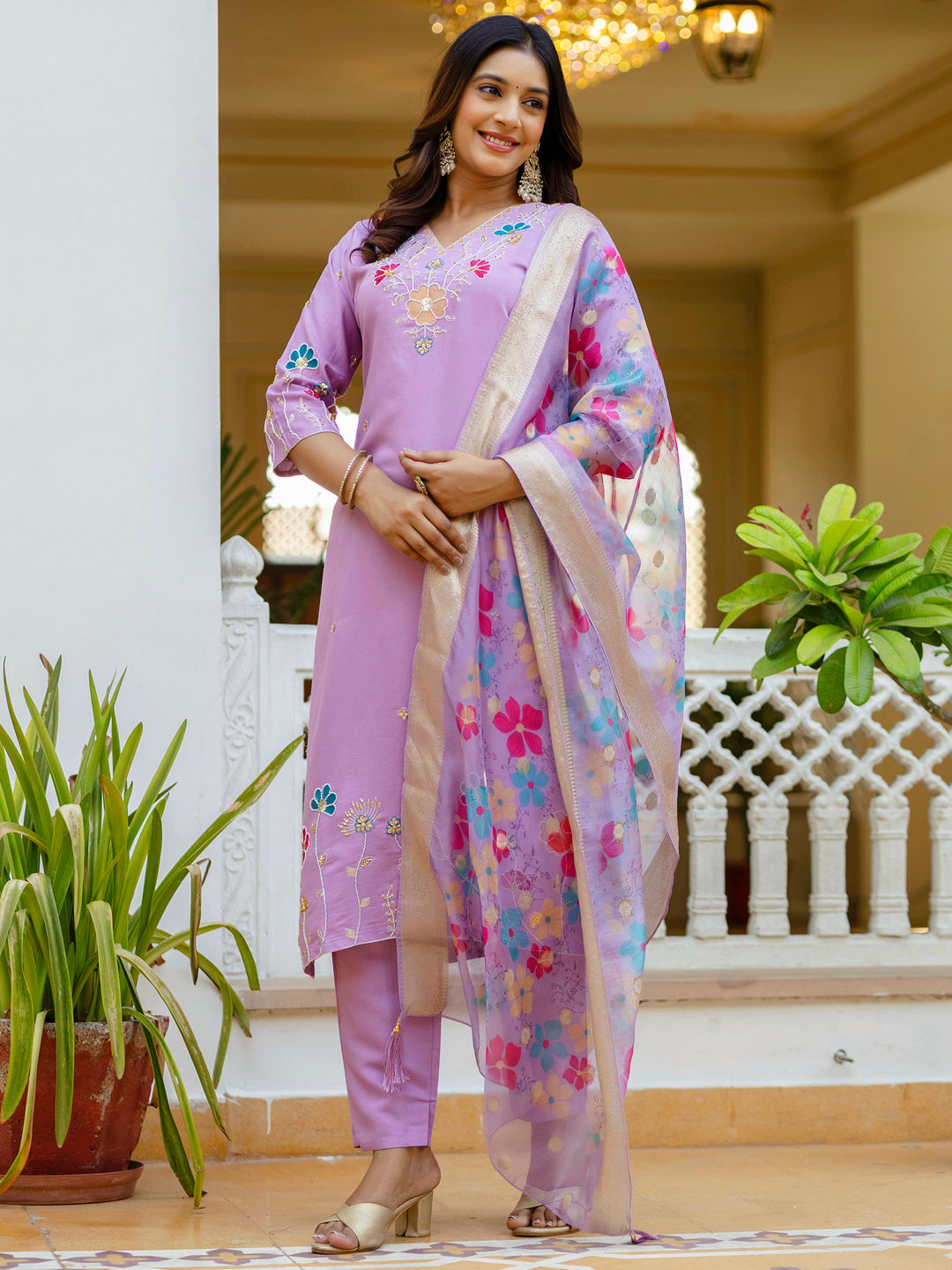 Nyra Lavender floral Placement Print Viscose Silk Suit Set with Sequence and Hand work - FitVibe Fashion