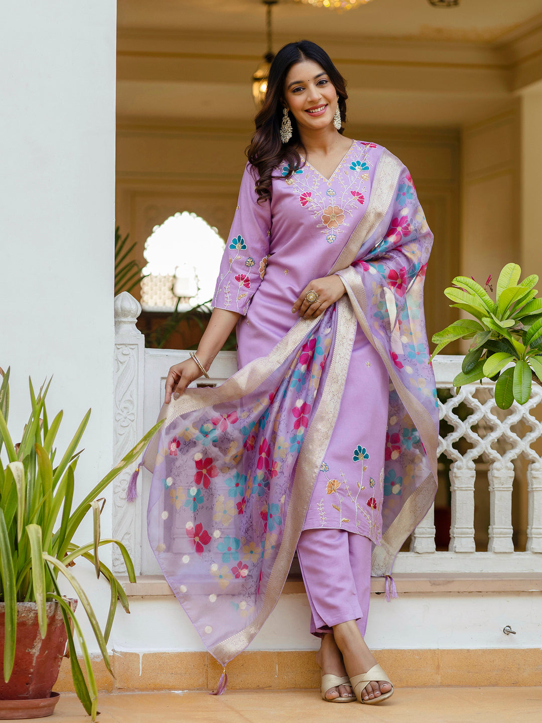 Nyra Lavender floral Placement Print Viscose Silk Suit Set with Sequence and Hand work - FitVibe Fashion