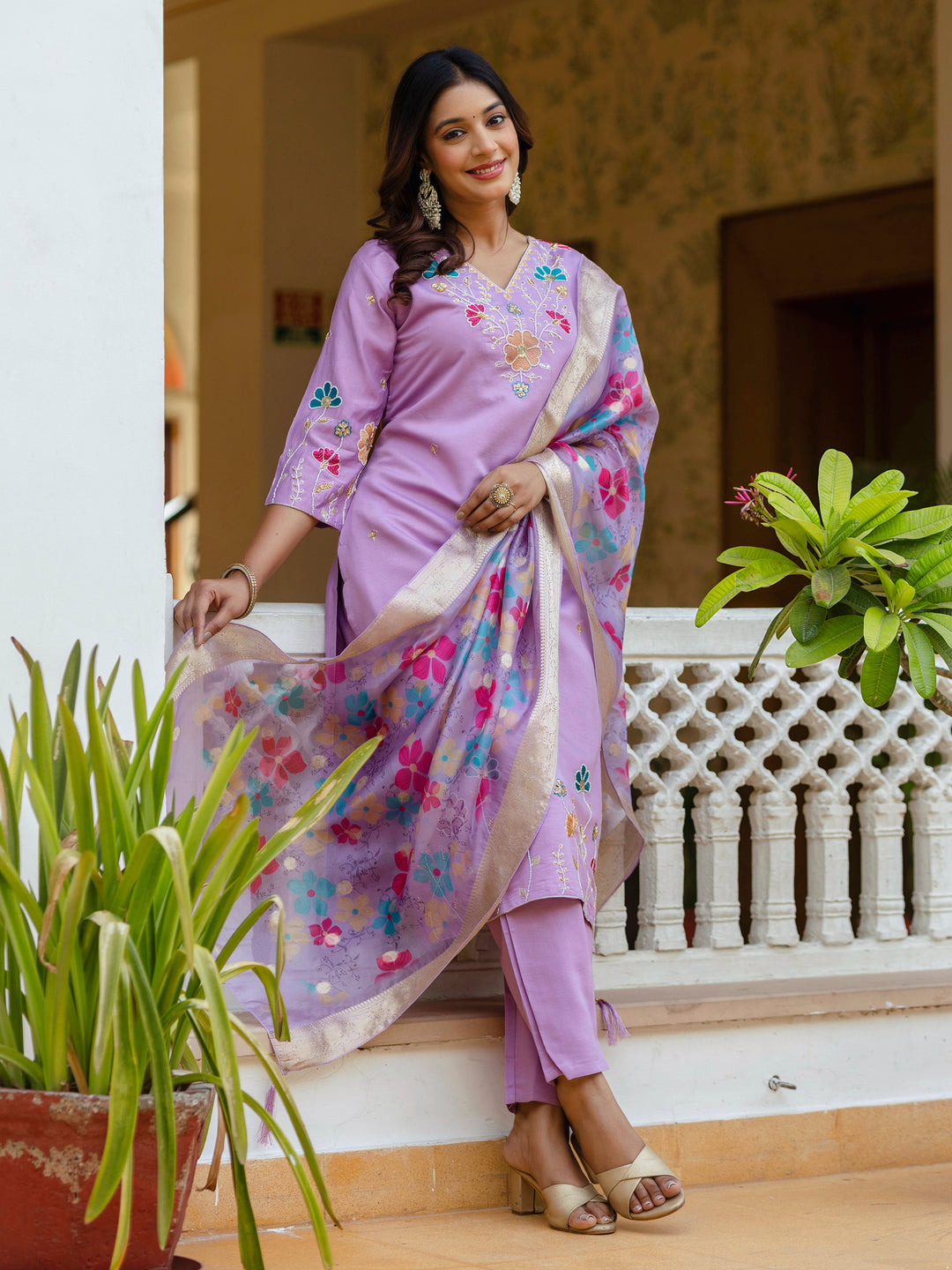 Nyra Lavender floral Placement Print Viscose Silk Suit Set with Sequence and Hand work - FitVibe Fashion