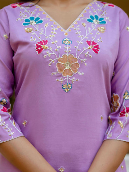 Nyra Lavender floral Placement Print Viscose Silk Suit Set with Sequence and Hand work - FitVibe Fashion