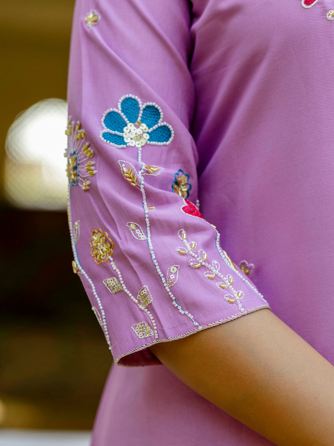 Nyra Lavender floral Placement Print Viscose Silk Suit Set with Sequence and Hand work - FitVibe Fashion