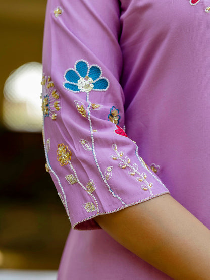 Nyra Lavender floral Placement Print Viscose Silk Suit Set with Sequence and Hand work - FitVibe Fashion