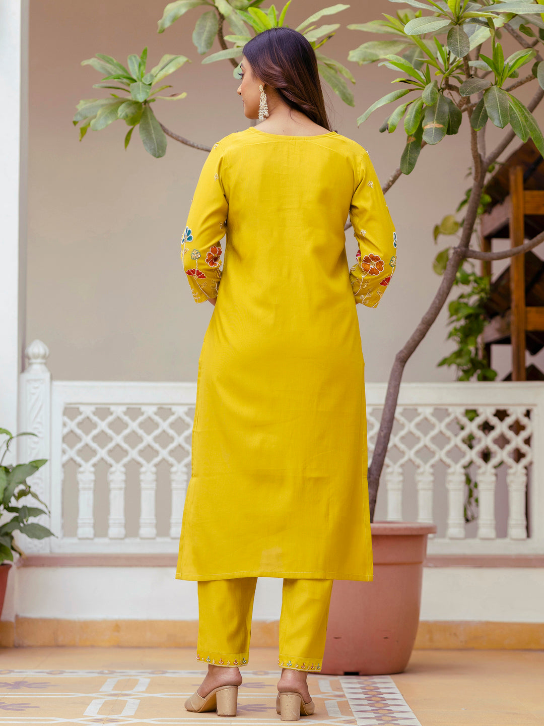 Nyra Floral Embroidered Hand Work Suits Yellow Kurta Pant Sets With Dupatta - FitVibe Fashion
