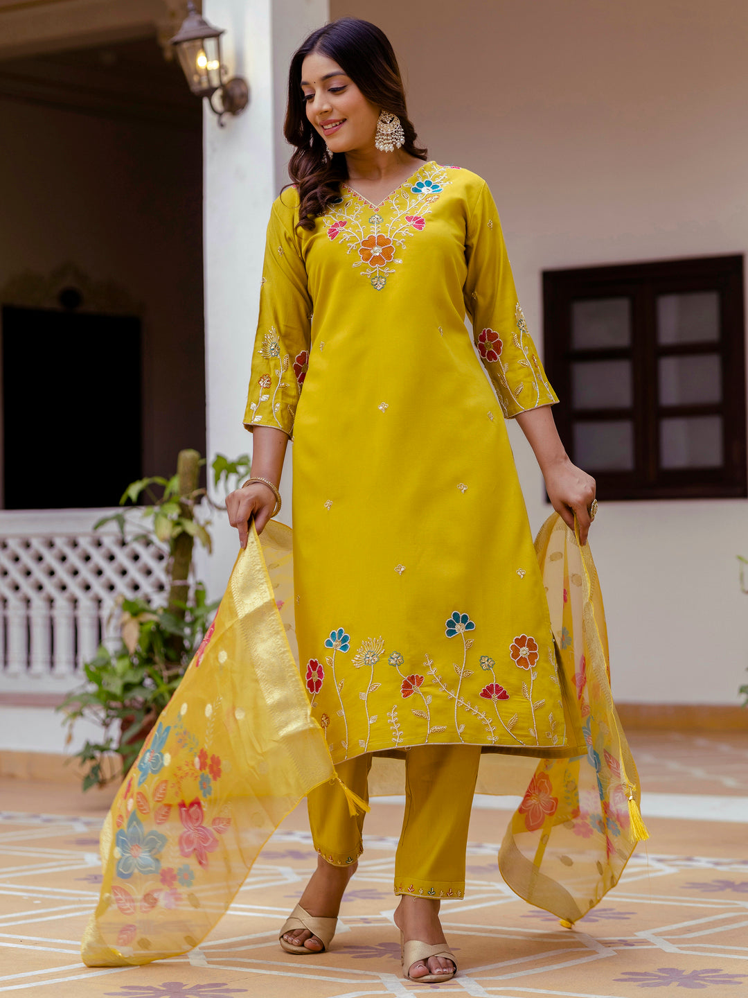 Nyra Floral Embroidered Hand Work Suits Yellow Kurta Pant Sets With Dupatta - FitVibe Fashion