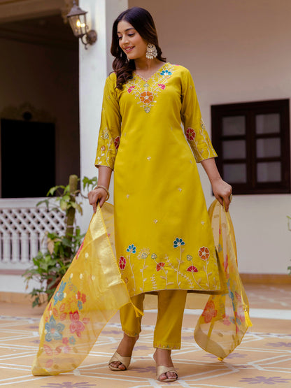 Nyra Floral Embroidered Hand Work Suits Yellow Kurta Pant Sets With Dupatta - FitVibe Fashion