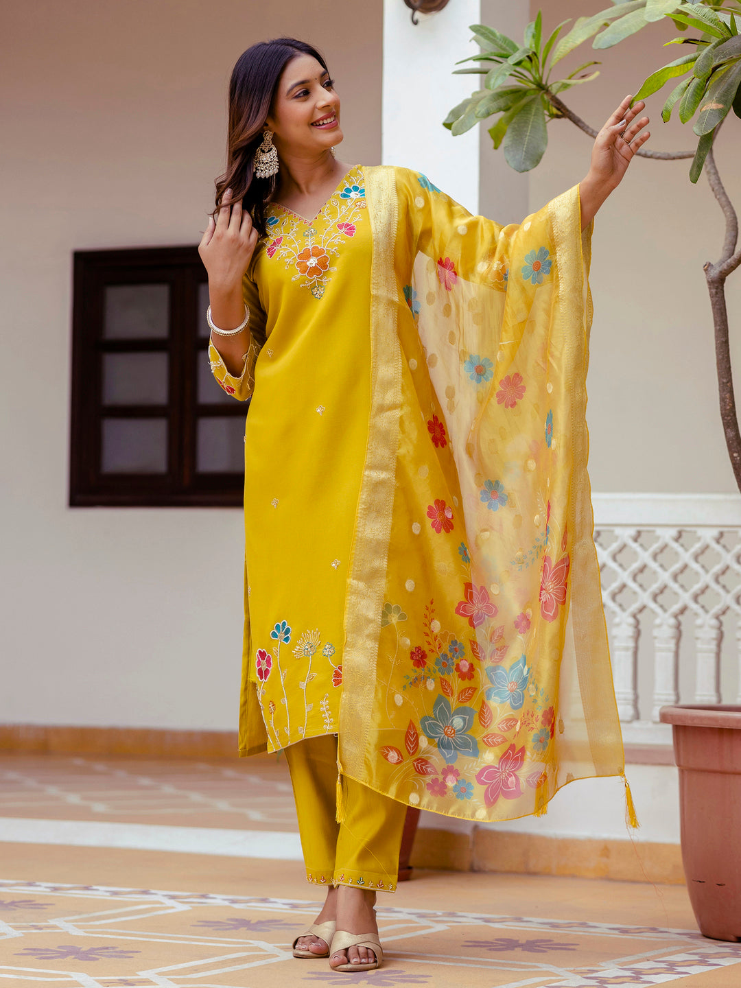 Nyra Floral Embroidered Hand Work Suits Yellow Kurta Pant Sets With Dupatta - FitVibe Fashion