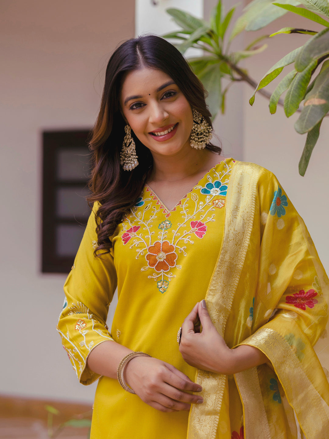 Nyra Floral Embroidered Hand Work Suits Yellow Kurta Pant Sets With Dupatta - FitVibe Fashion