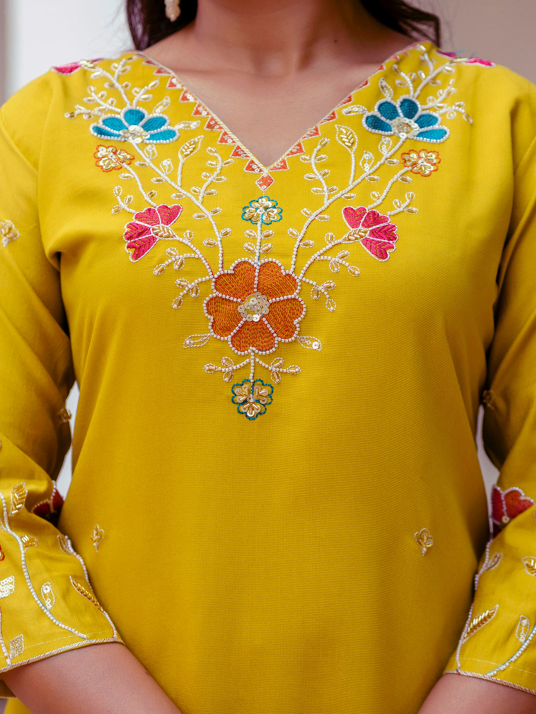 Nyra Floral Embroidered Hand Work Suits Yellow Kurta Pant Sets With Dupatta - FitVibe Fashion