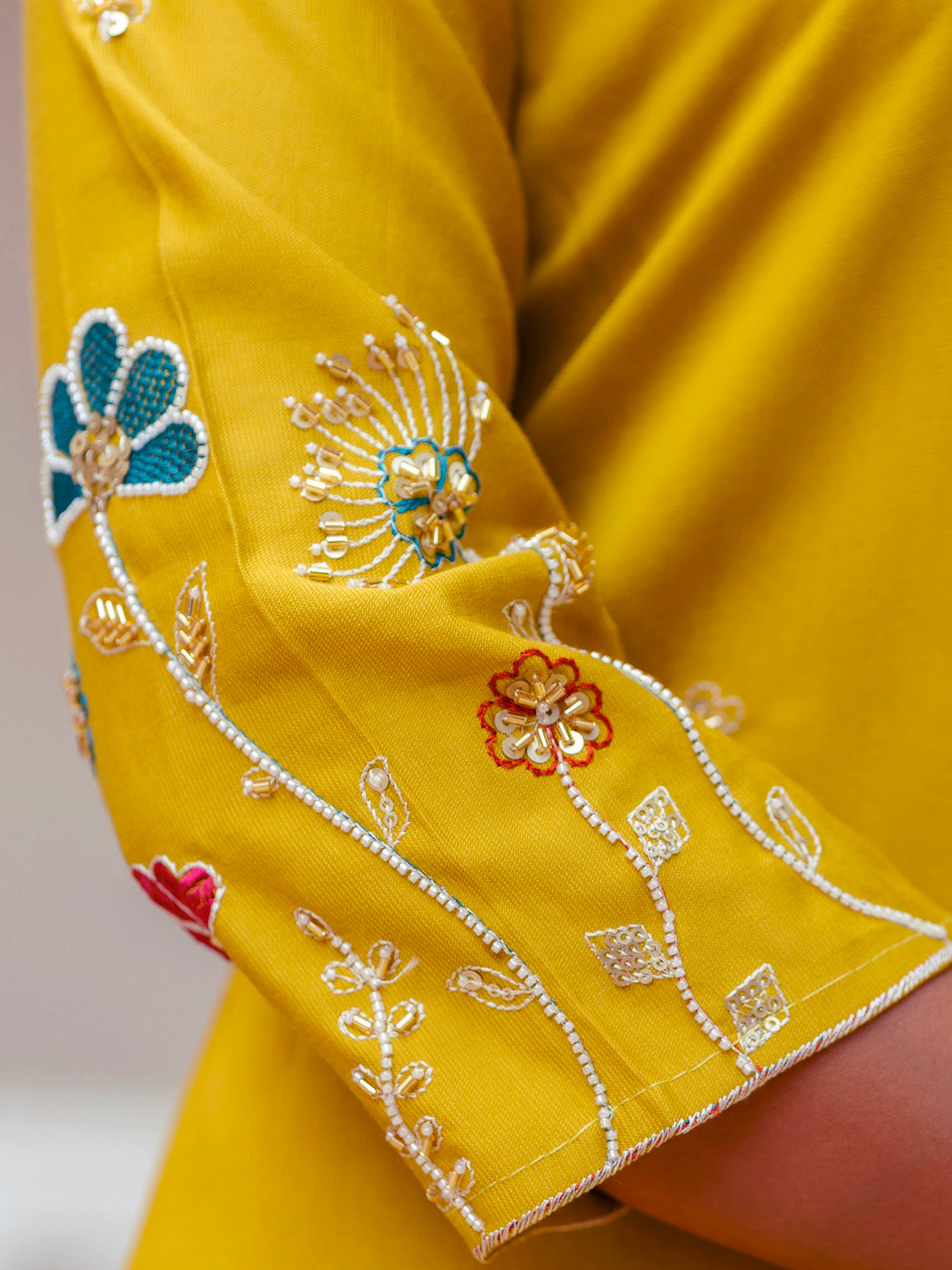 Nyra Floral Embroidered Hand Work Suits Yellow Kurta Pant Sets With Dupatta - FitVibe Fashion