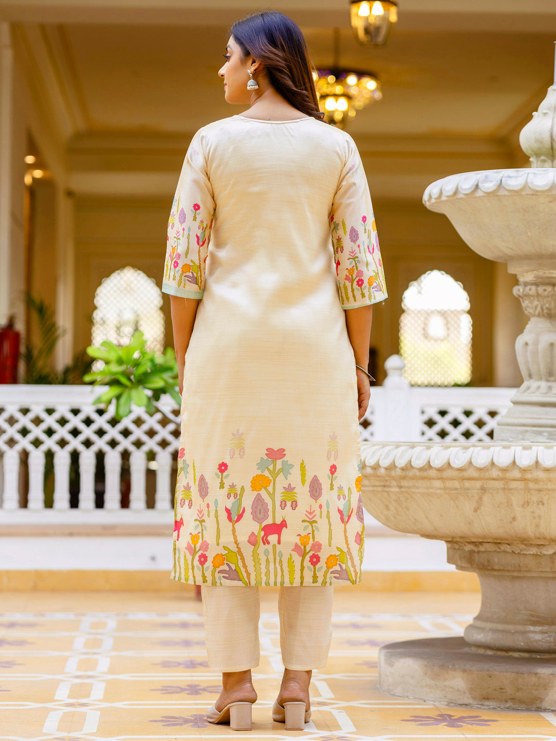 Prisha Floral Printed Handwork Silk Straight Kurta With Trousers & Dupatta Suits - FitVibe Fashion