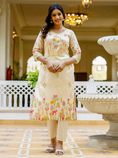 Prisha Floral Printed Handwork Silk Straight Kurta With Trousers & Dupatta Suits - FitVibe Fashion