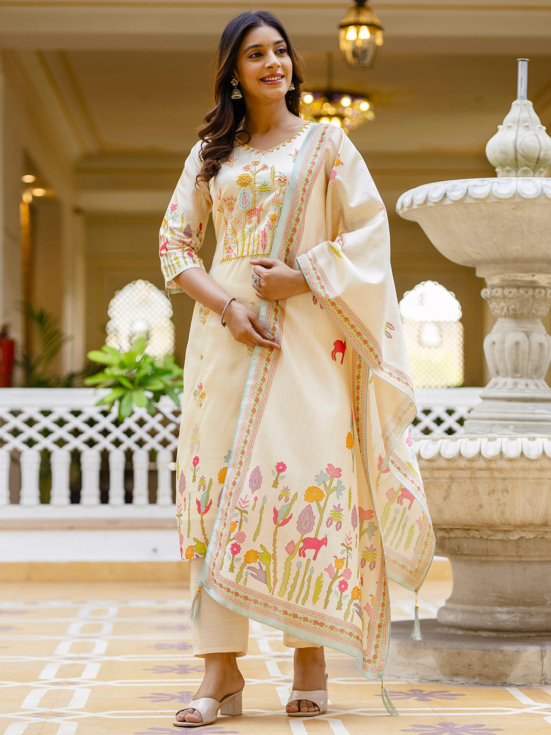 Prisha Floral Printed Handwork Silk Straight Kurta With Trousers & Dupatta Suits - FitVibe Fashion