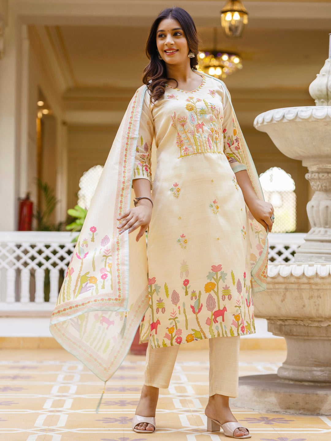 Prisha Floral Printed Handwork Silk Straight Kurta With Trousers & Dupatta Suits - FitVibe Fashion