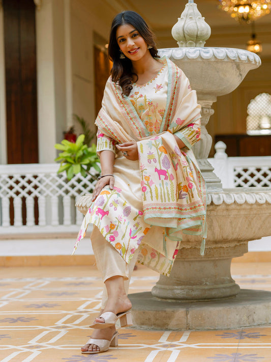 Prisha Floral Printed Handwork Silk Straight Kurta With Trousers & Dupatta Suits - FitVibe Fashion
