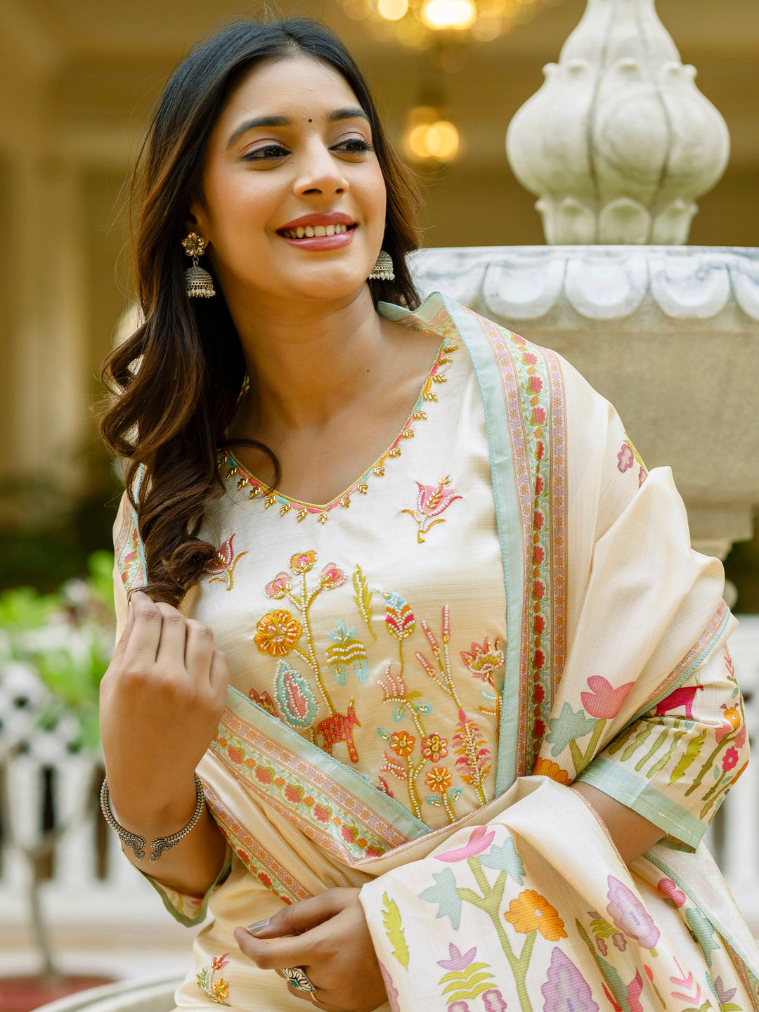 Prisha Floral Printed Handwork Silk Straight Kurta With Trousers & Dupatta Suits - FitVibe Fashion