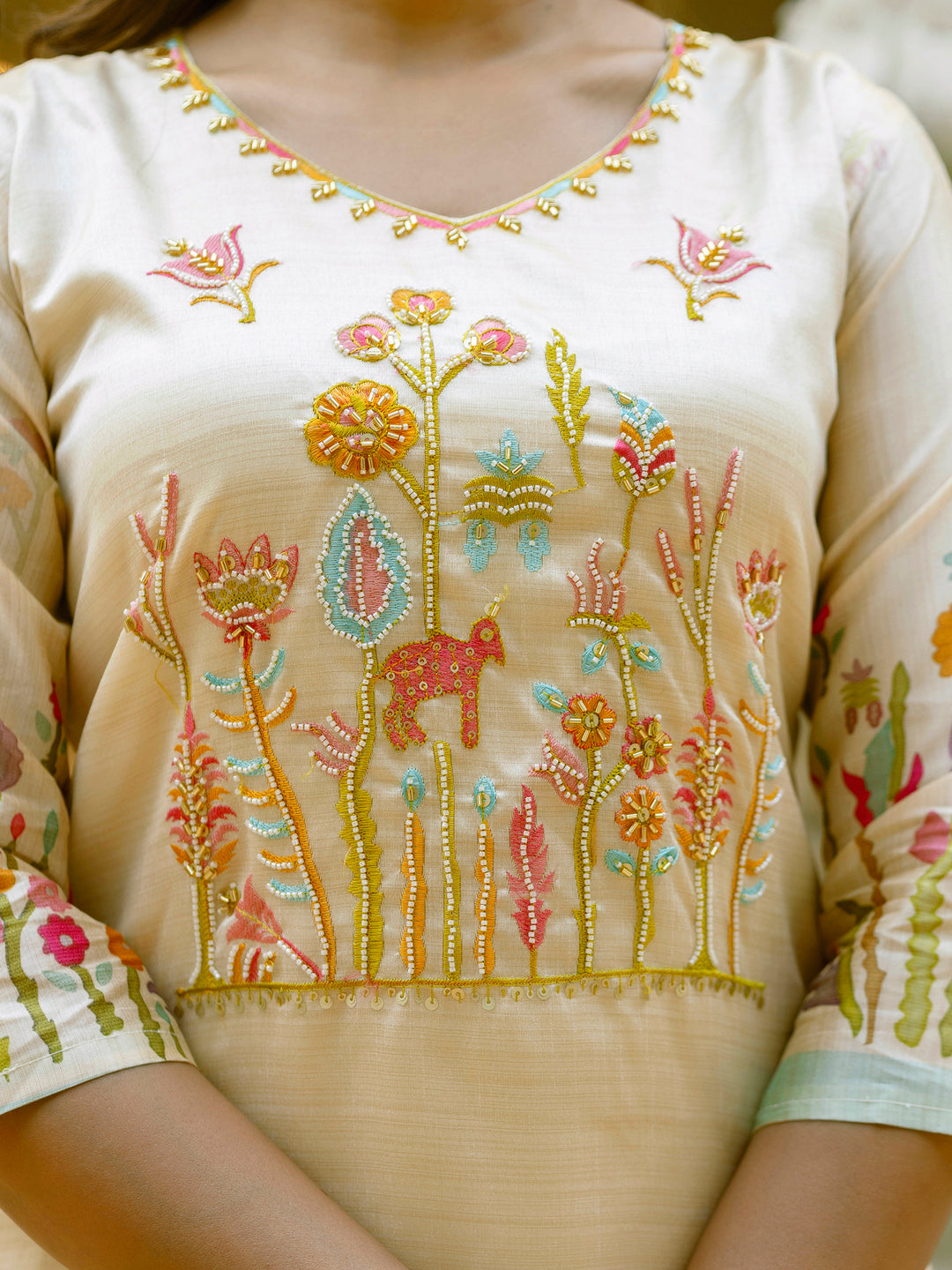 Prisha Floral Printed Handwork Silk Straight Kurta With Trousers & Dupatta Suits - FitVibe Fashion