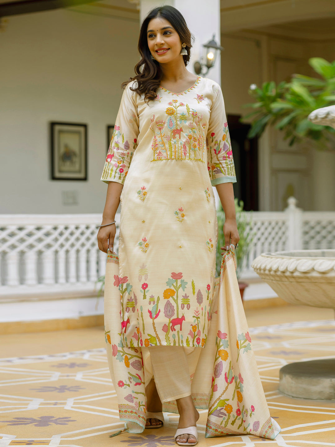 Prisha Floral Printed Handwork Silk Straight Kurta With Trousers & Dupatta Suits - FitVibe Fashion