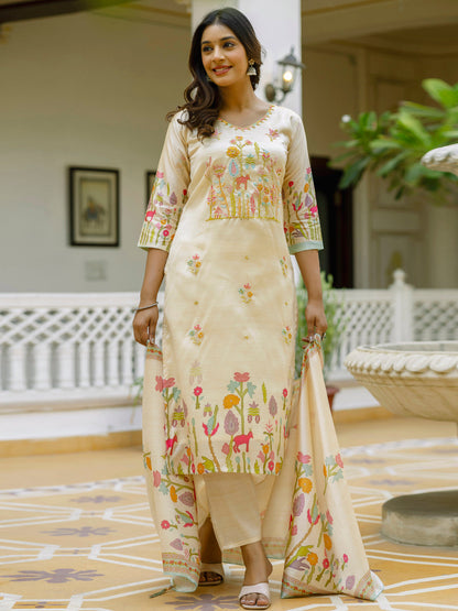 Prisha Floral Printed Handwork Silk Straight Kurta With Trousers & Dupatta Suits - FitVibe Fashion