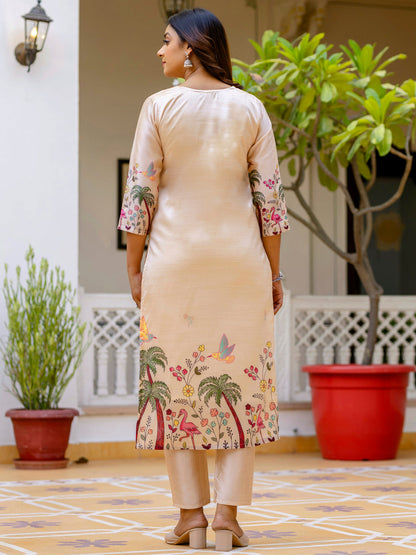 Ishita Floral Printed Handwork Silk Straight Kurta With Trousers & Dupatta Suits - FitVibe Fashion