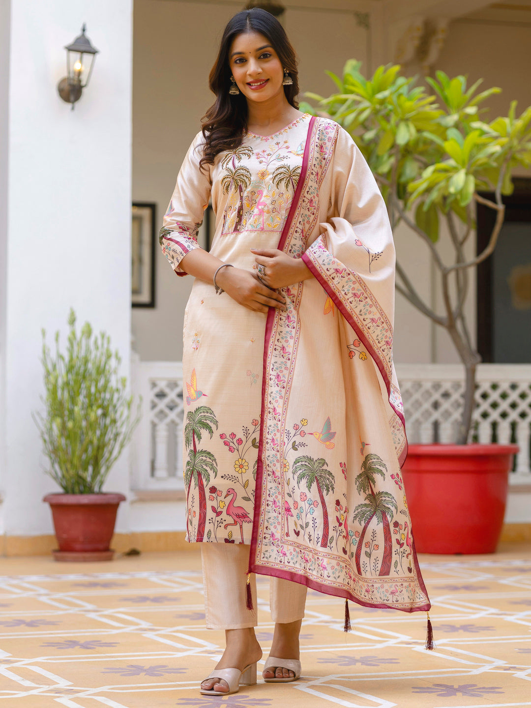 Ishita Floral Printed Handwork Silk Straight Kurta With Trousers & Dupatta Suits - FitVibe Fashion