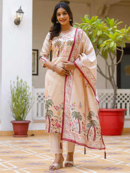 Ishita Floral Printed Handwork Silk Straight Kurta With Trousers & Dupatta Suits - FitVibe Fashion