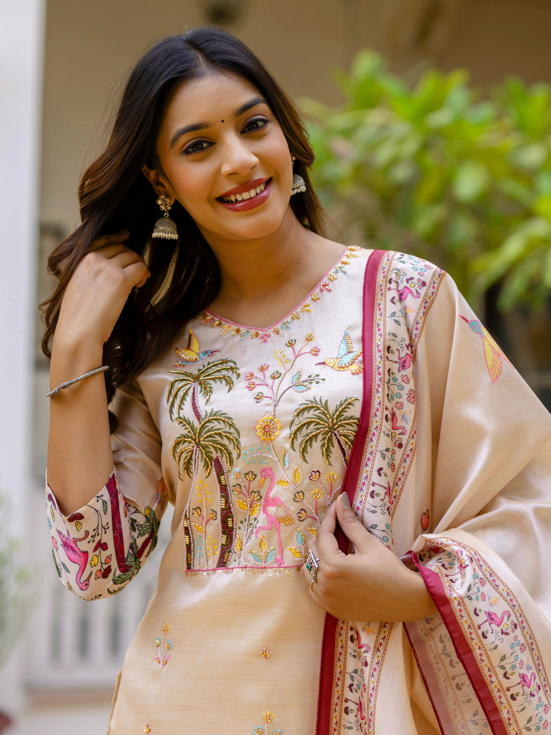 Ishita Floral Printed Handwork Silk Straight Kurta With Trousers & Dupatta Suits - FitVibe Fashion
